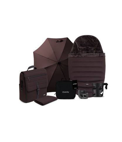 iCandy peach 8 bundle in coffee bean colourway with matching accessories.