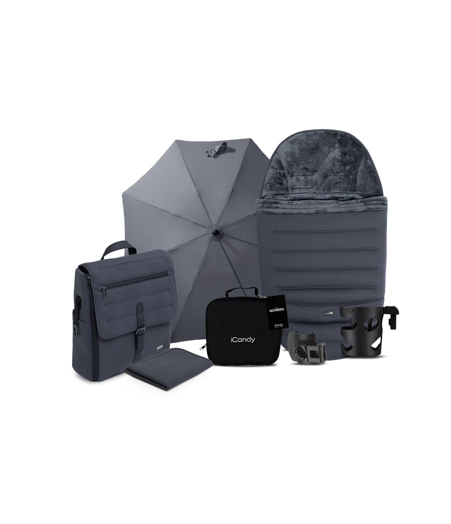 iCandy peach 8 bundle in grey colourway with matching accessories.