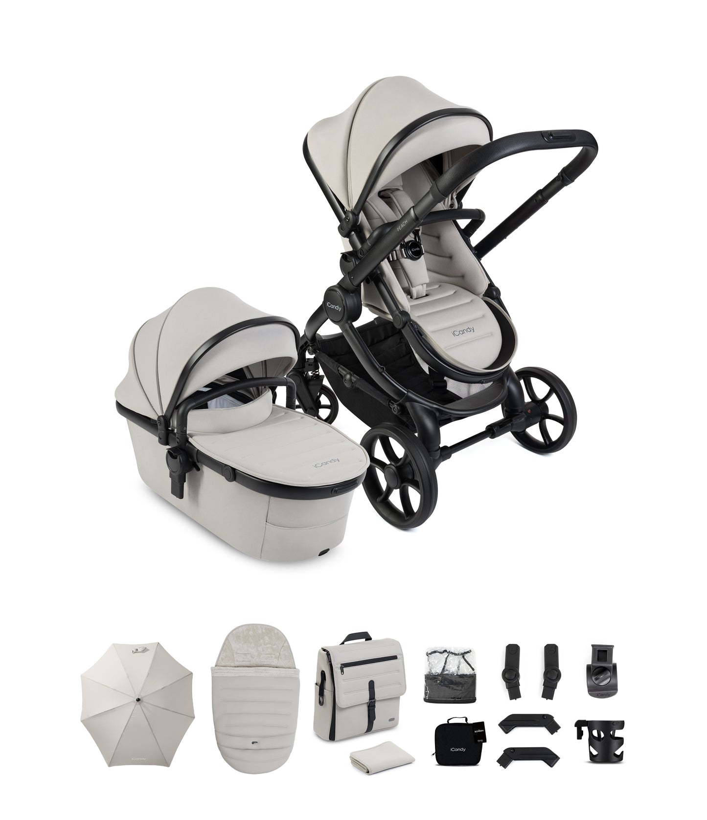 iCandy peach 8 bundle in taupe colourway with matching accessories.