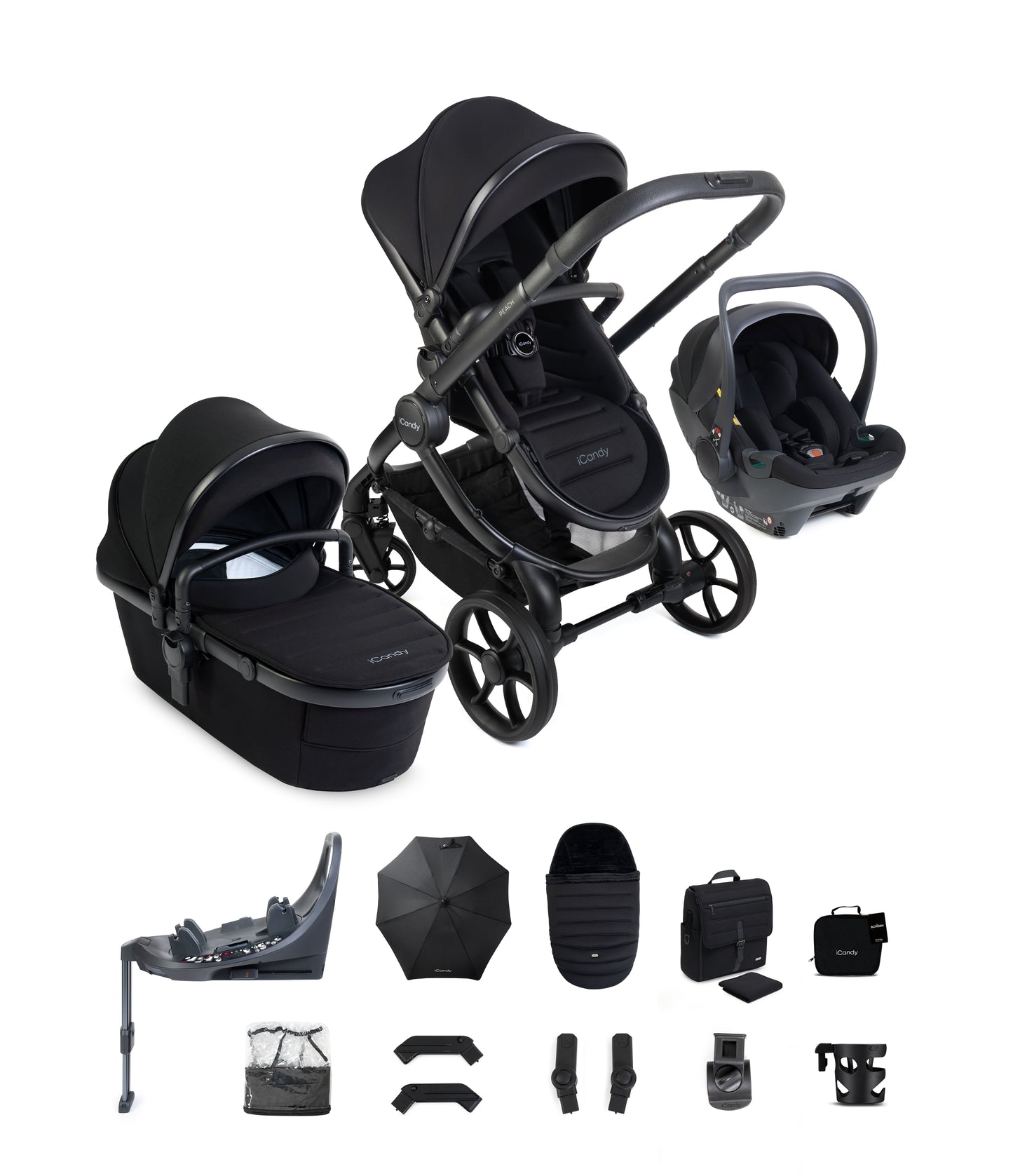 iCandy peach 8 bundle in black colourway with cocoon car seat and base.