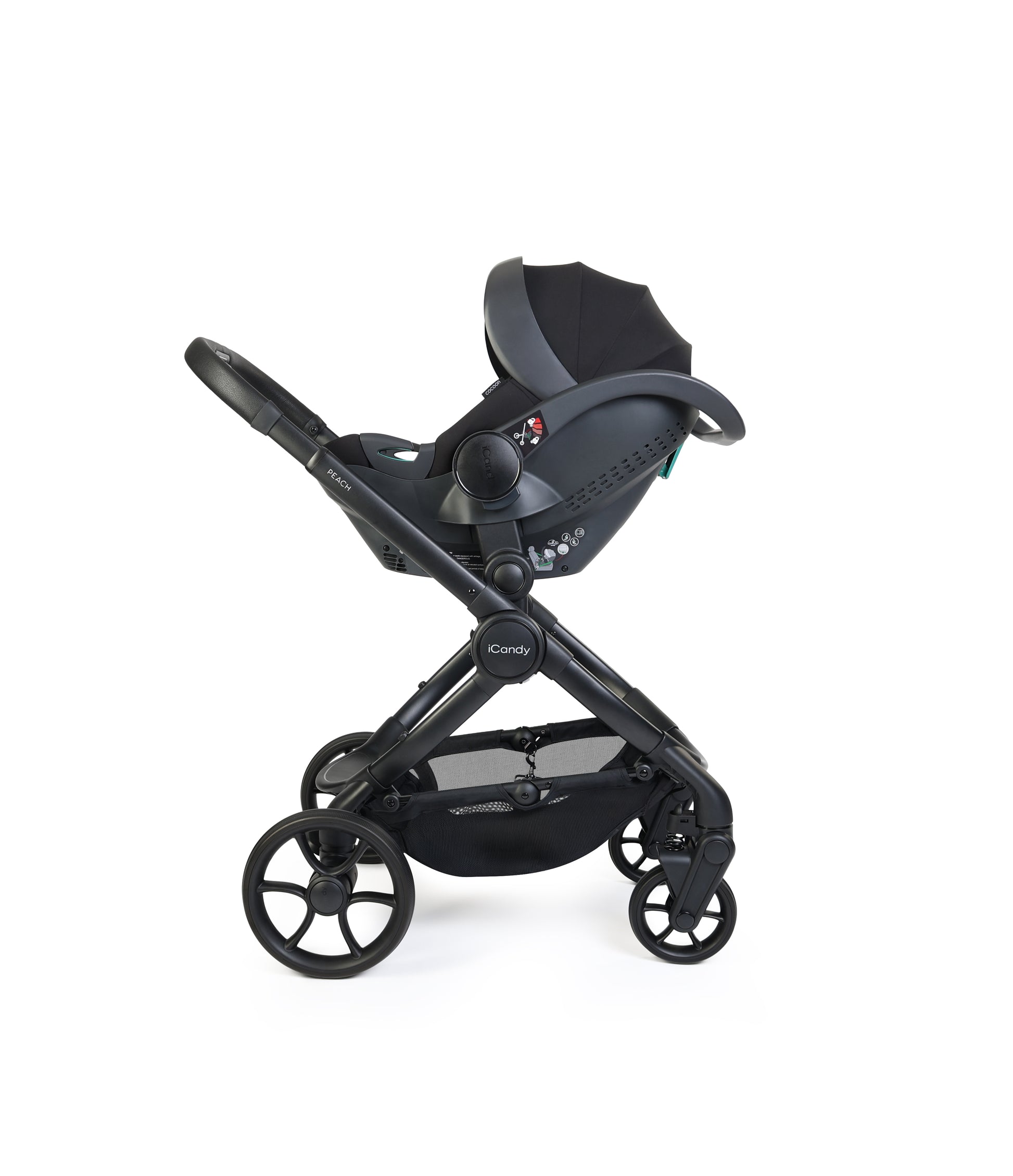 iCandy peach 8 bundle in black colourway with cocoon car seat and base.