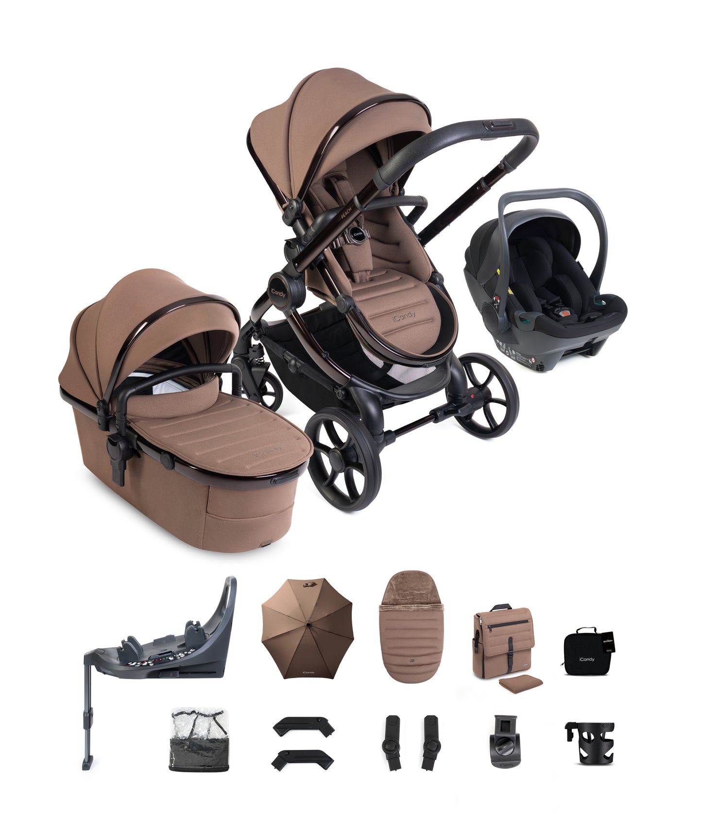 iCandy peach 8 bundle in coco colourway with cocoon car seat and base.