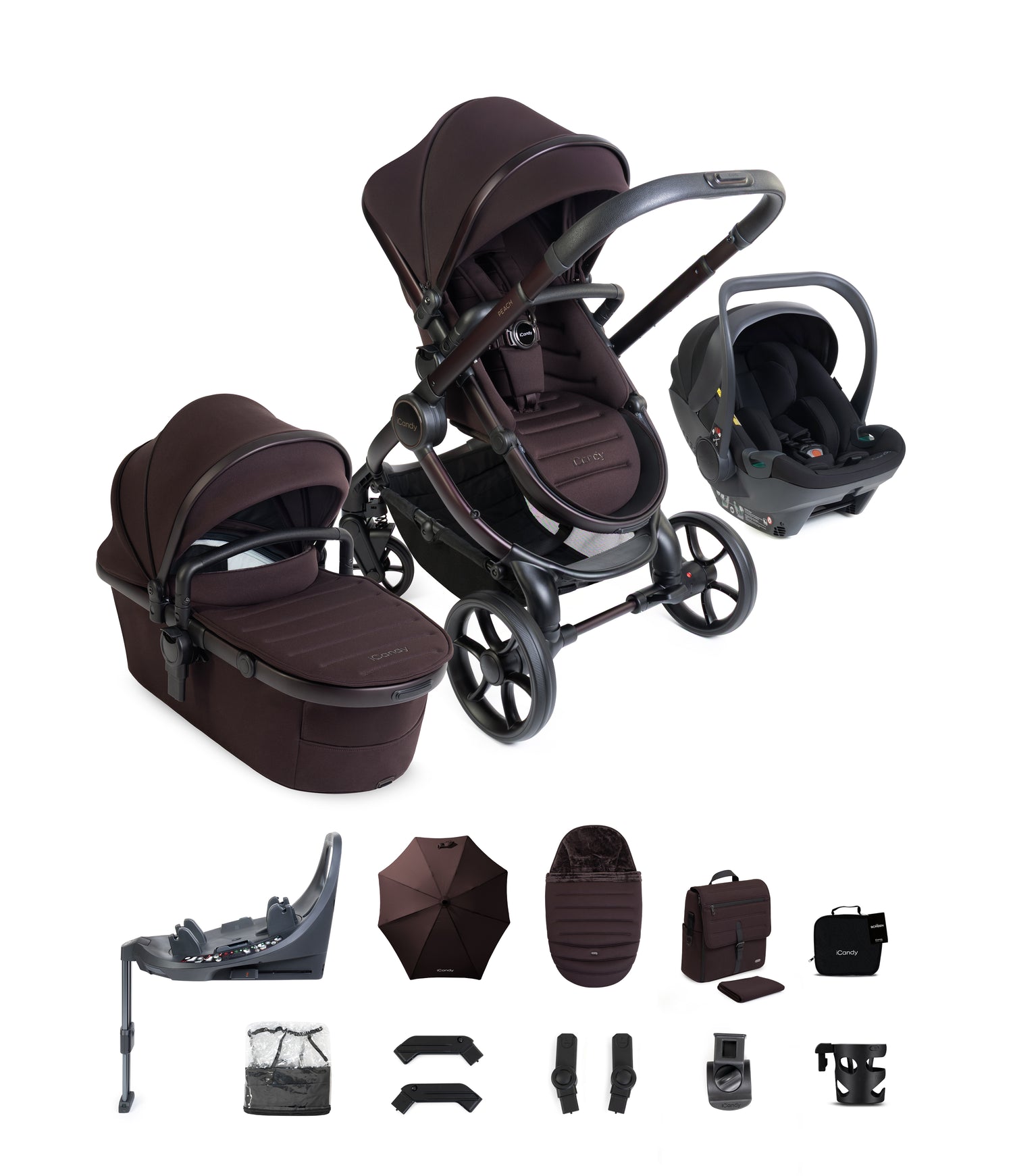 iCandy peach 8 bundle in coffee bean colourway with cocoon car seat and base.