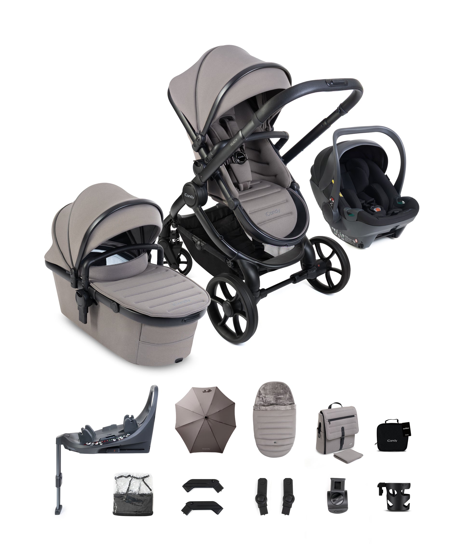 iCandy peach 8 bundle in porcini grey colourway with cocoon car seat and base.