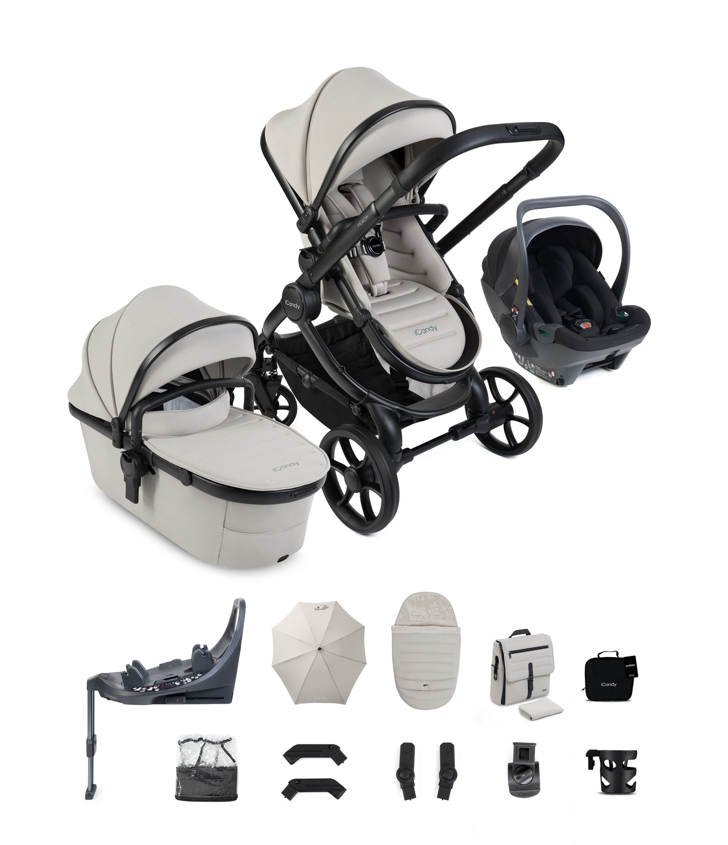 iCandy peach 8 bundle in taupe colourway with cocoon car seat and base.