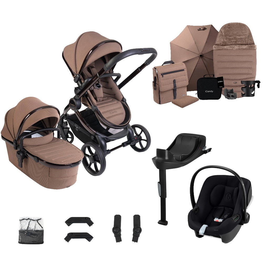 iCandy peach 8 bundle in Coco colourway complete with cybex aton B2 car seat and base.