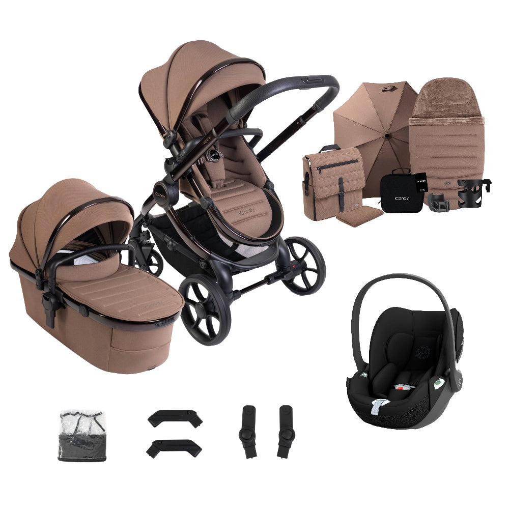 iCandy peach 8 bundle in coco colourway complete with cybex cloud t car seat.