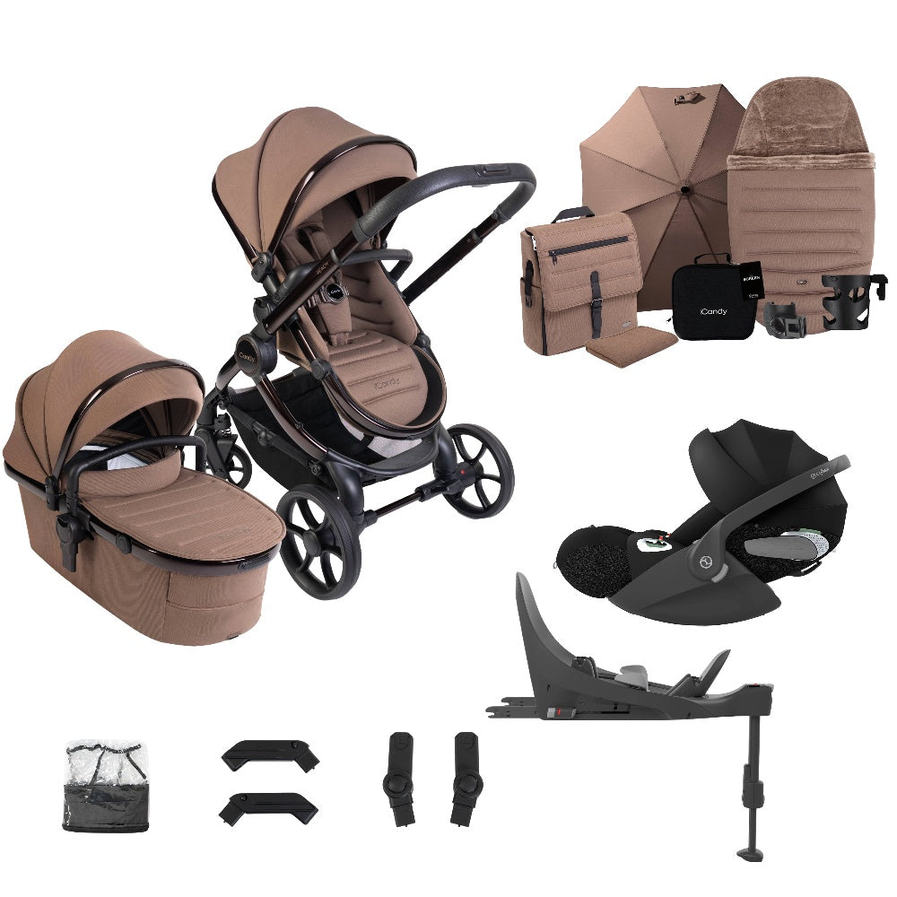 iCandy peach 8 bundle in coco colourway complete with cybex cloud t car seat and base.