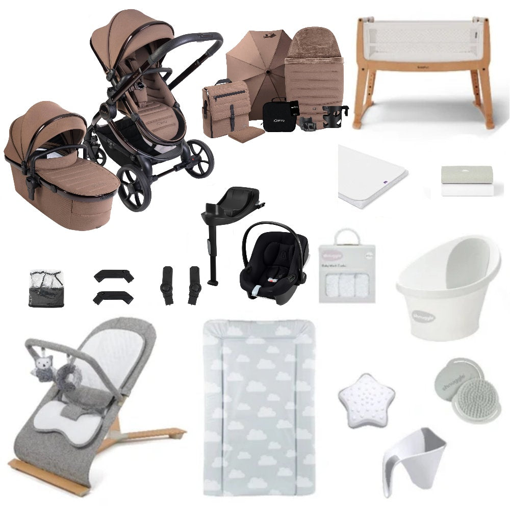 iCandy Peach 8 bundle in coco colourway with all babies essentials including crib, car seat and bathing accessories.