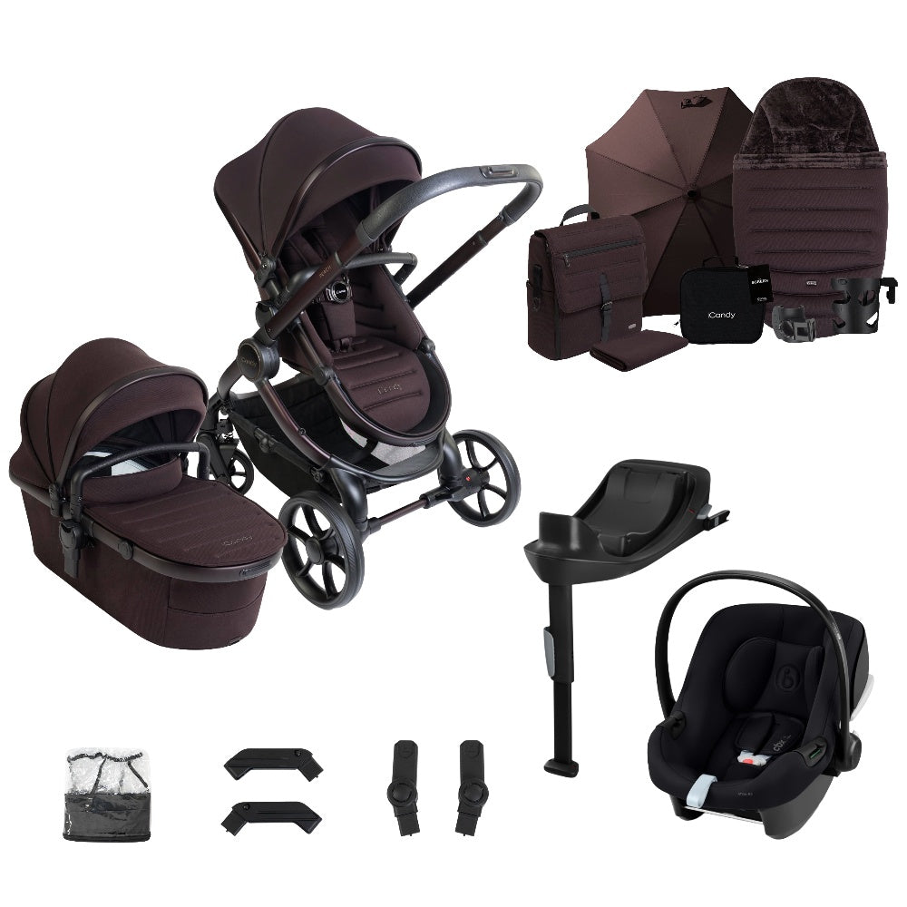 iCandy peach 8 bundle in Coffee Bean colourway complete with cybex aton B2 car seat and base.