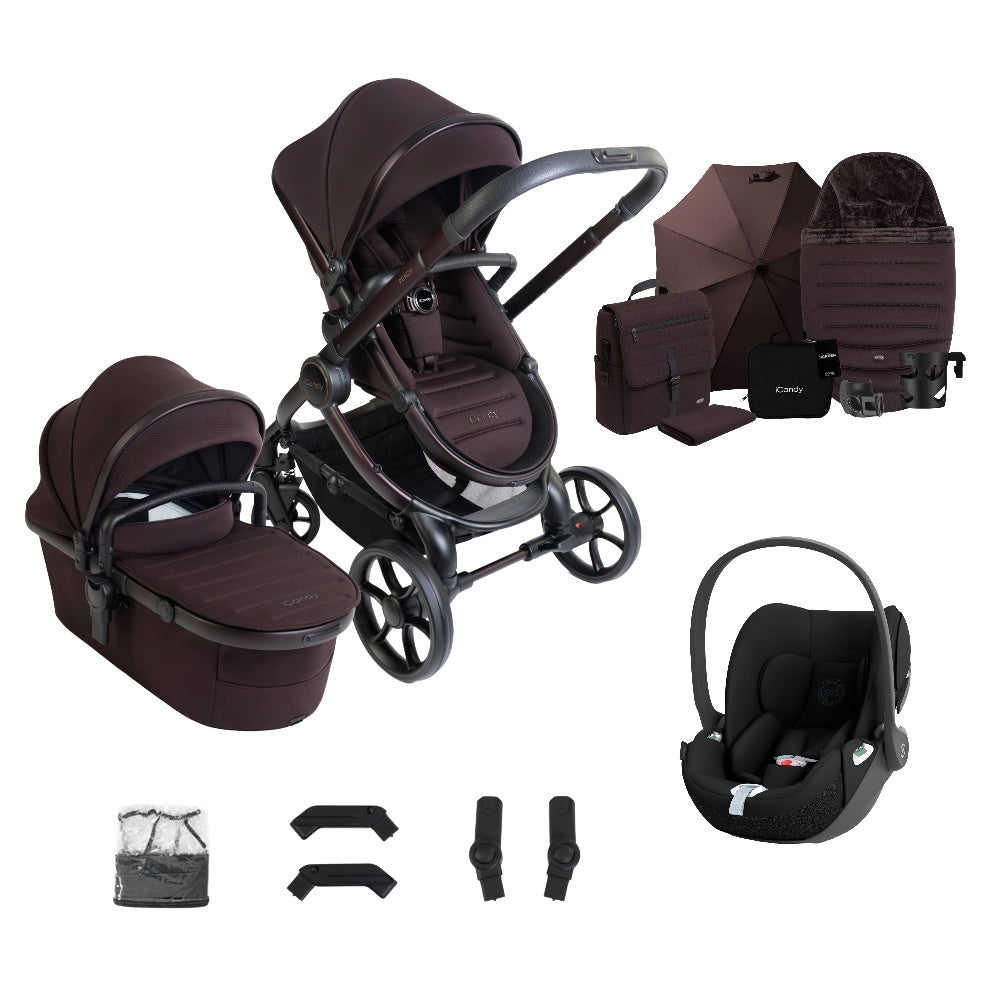 iCandy peach 8 bundle in coffee bean colourway complete with cybex cloud t car seat.