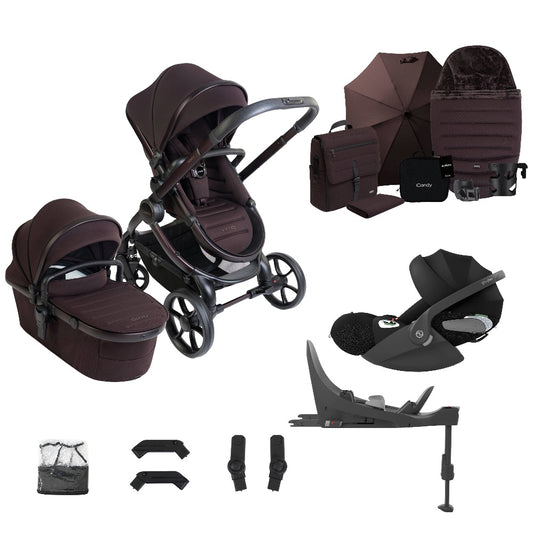 iCandy peach 8 bundle in coffee bean colourway complete with cybex cloud t car seat and base.
