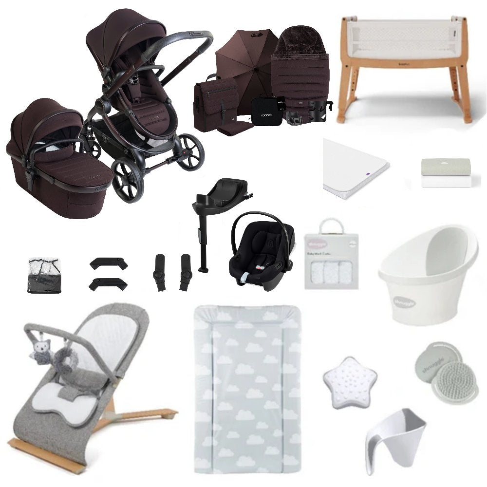 iCandy Peach 8 bundle in coffee bean colourway with all babies essentials including crib, car seat and bathing accessories.