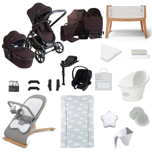 iCandy Peach 8 bundle in coffee bean colourway with all babies essentials including crib, car seat and bathing accessories.