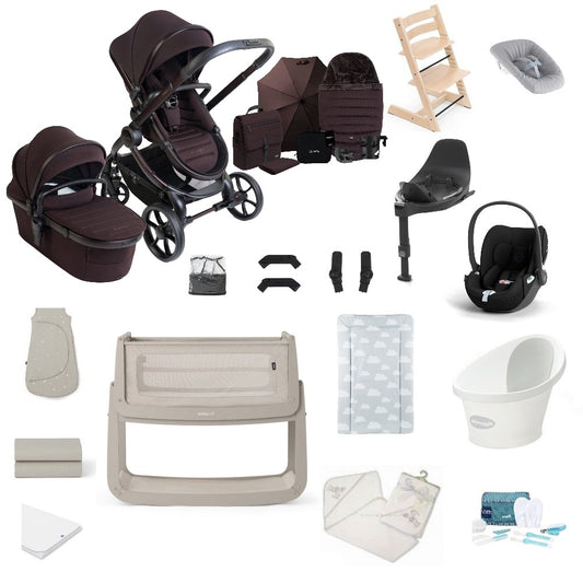 iCandy Peach 8 premium bundle in coffee bean colourway with all babies essentials including crib, car seat and bathing accessories.