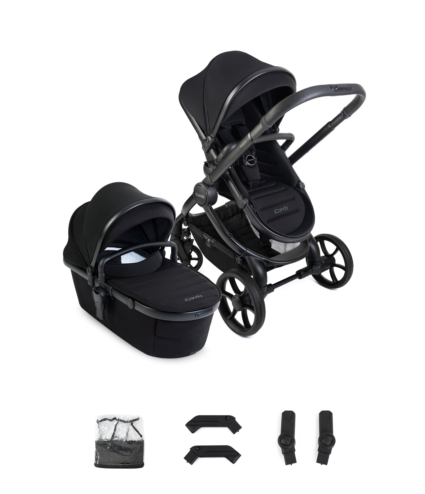 iCandy peach 8 bundle in black colourway with matching accessories.