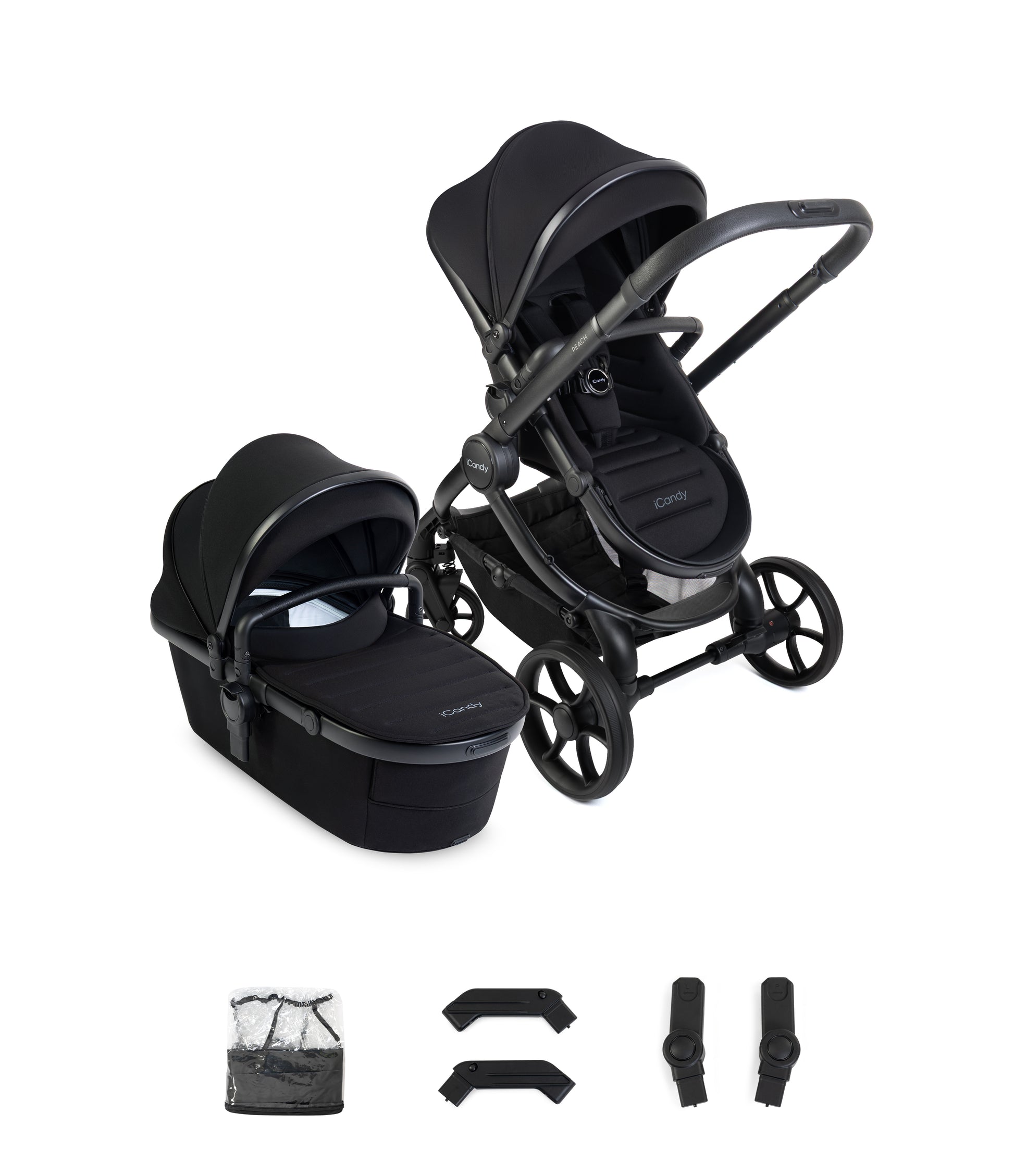 iCandy peach 8 bundle in black colourway with matching accessories.