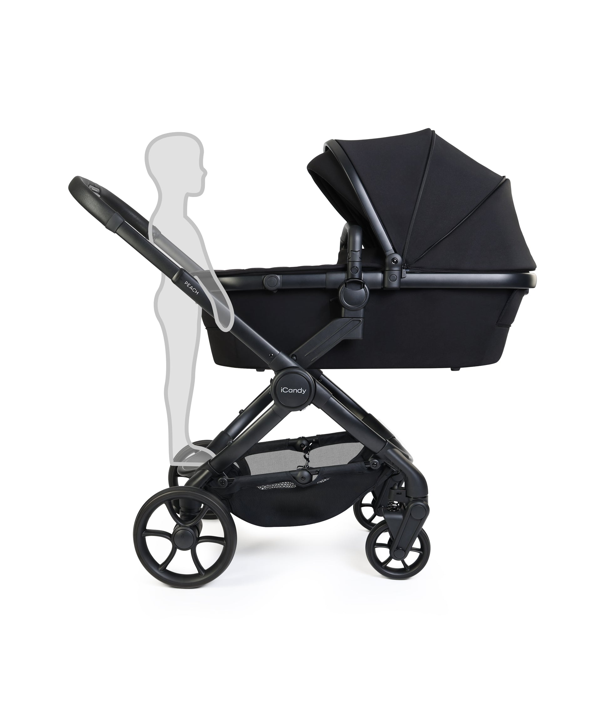 iCandy peach 8 bundle in black colourway with matching accessories.