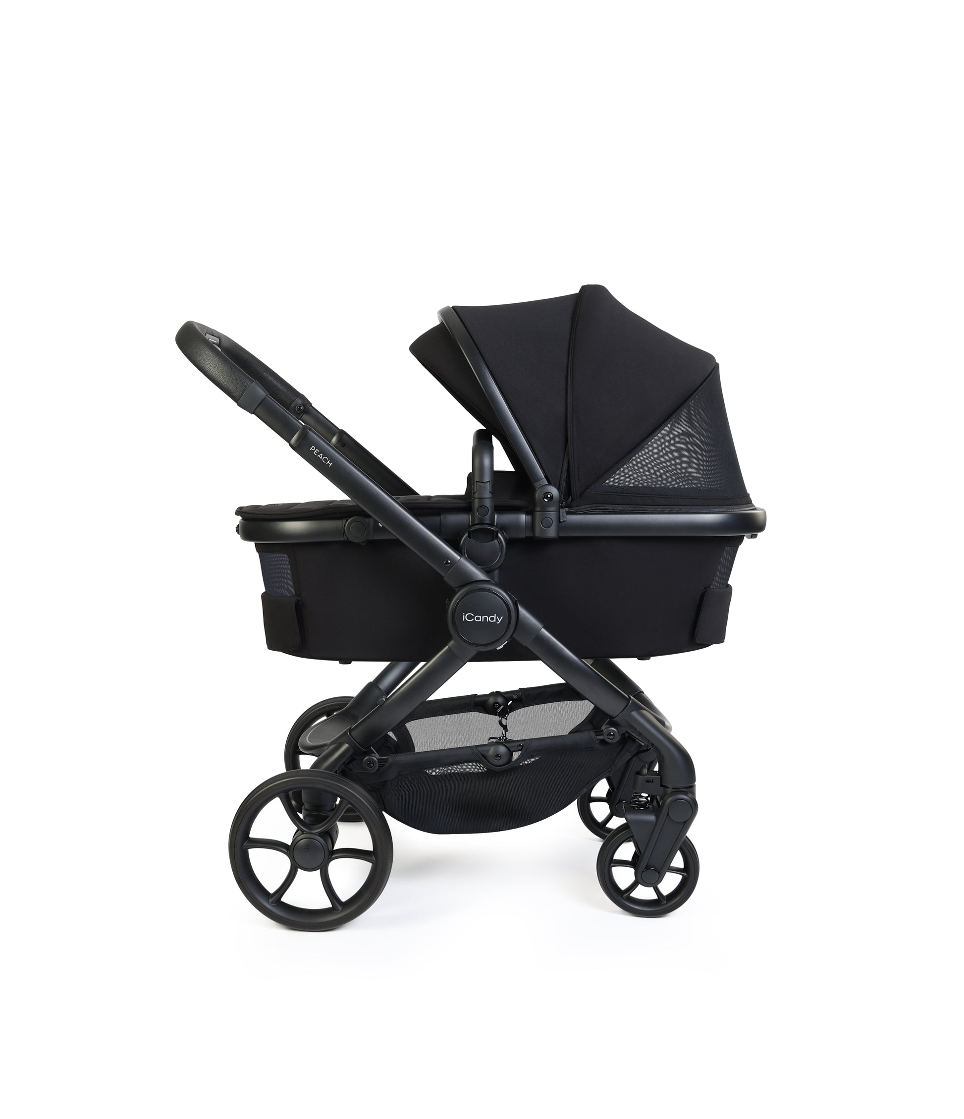 iCandy peach 8 bundle in black colourway with matching accessories.
