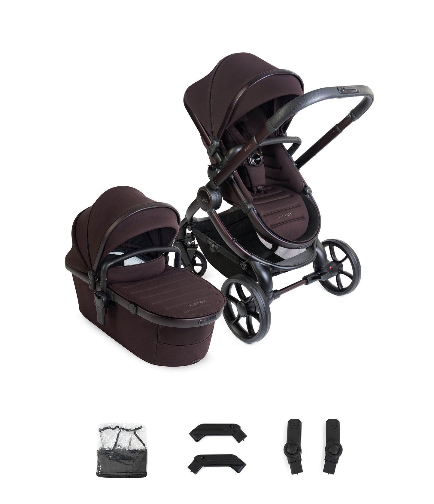iCandy peach 8 bundle in coffee bean colourway with matching accessories.