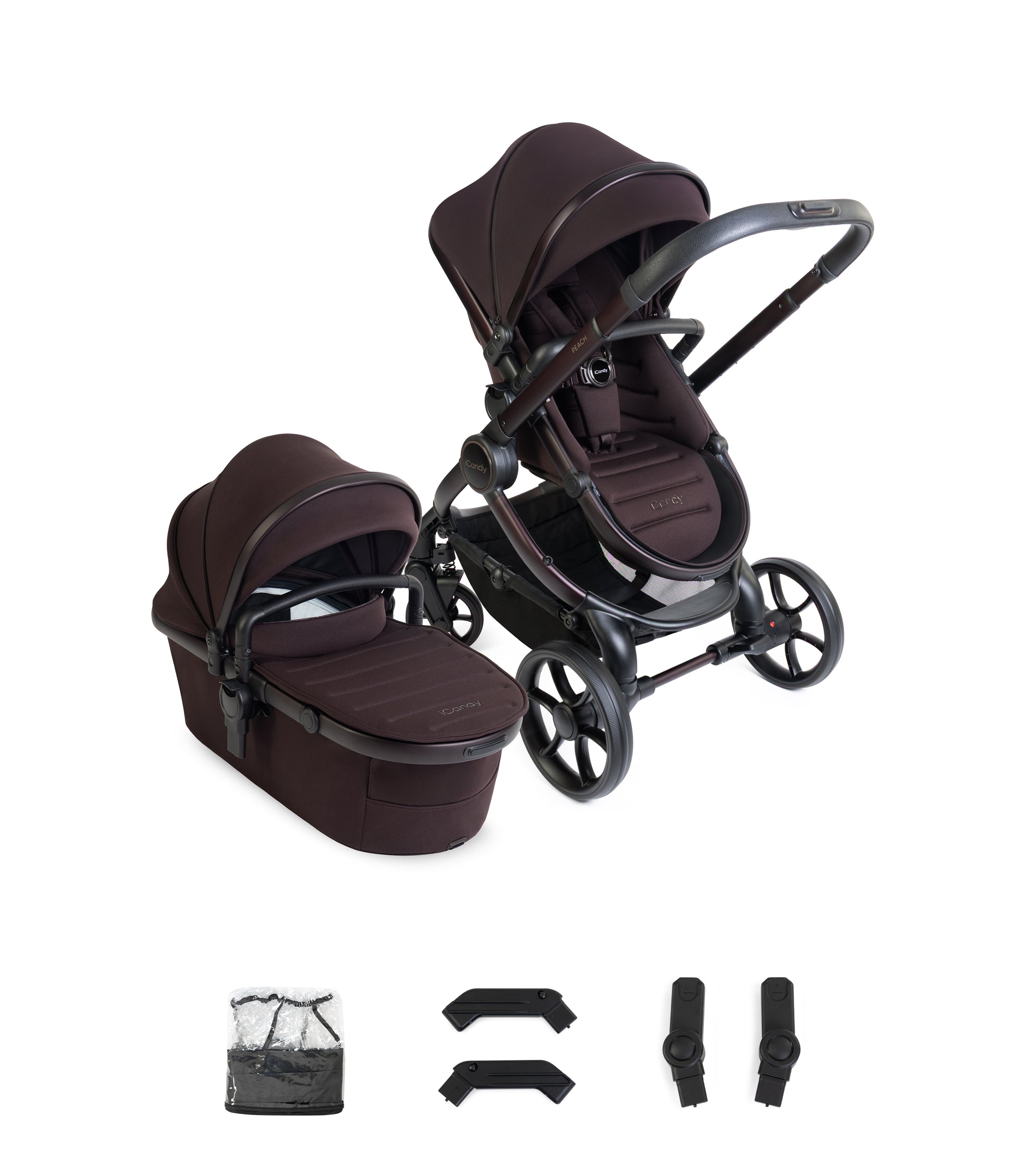 iCandy peach 8 bundle in coffee bean colourway with matching accessories.