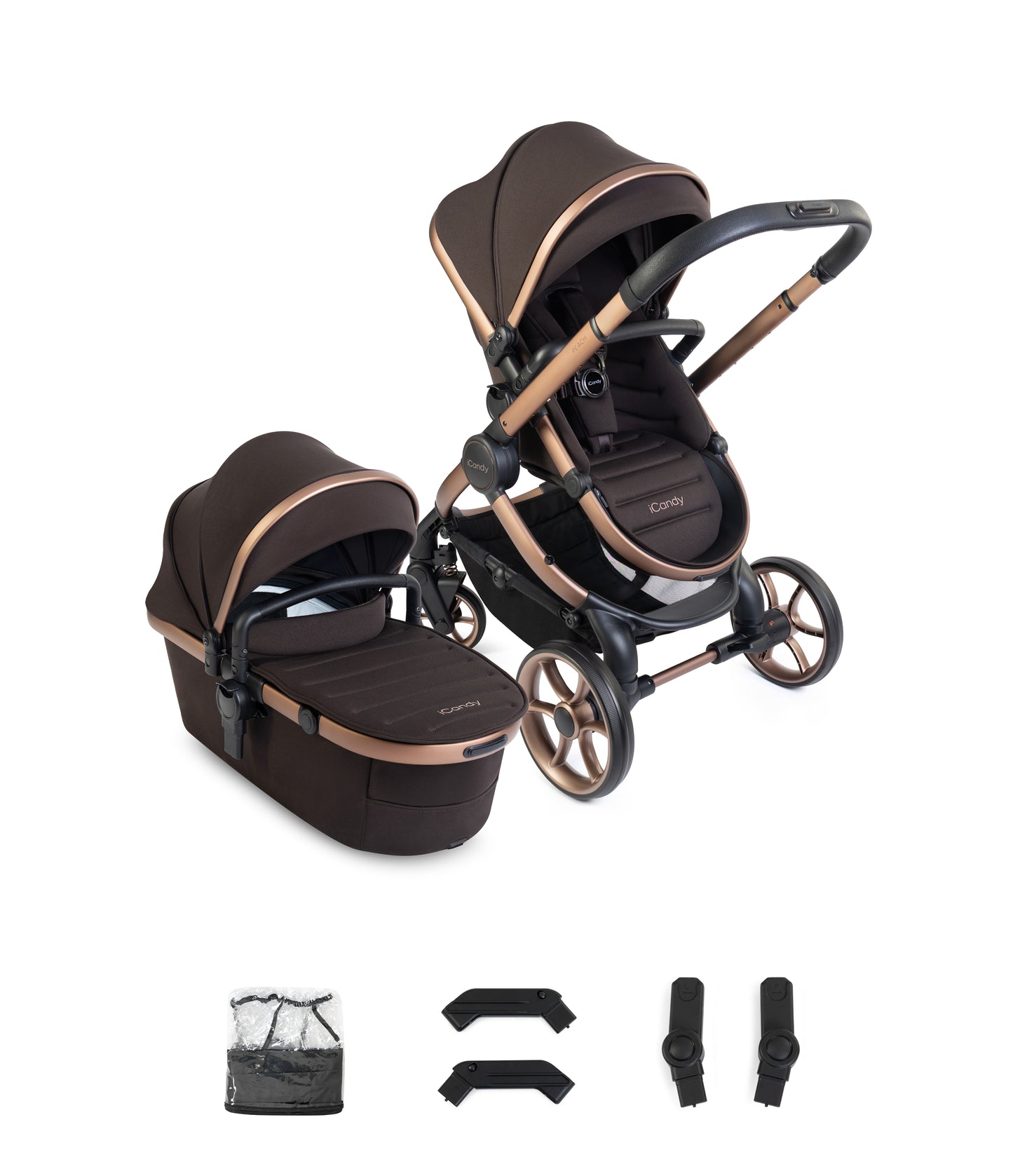iCandy peach 8 bundle in pecan colourway with matching accessories.