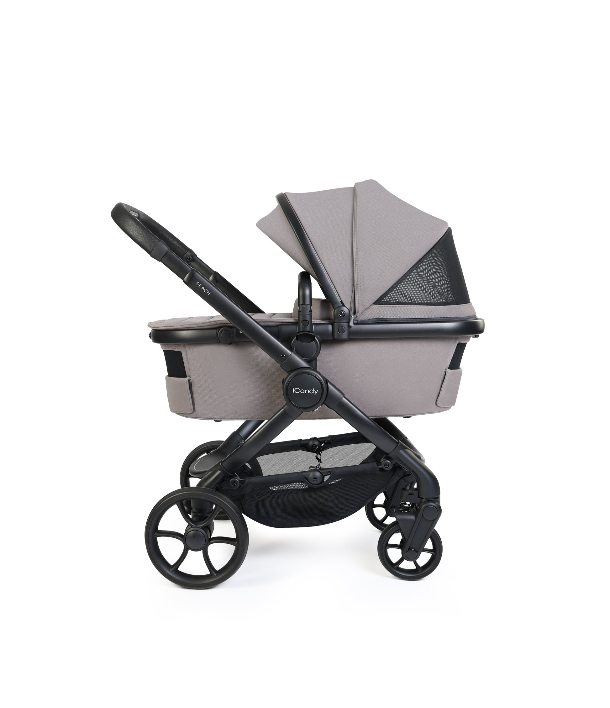 iCandy peach 8 bundle in porcini grey colourway with cocoon car seat and base.