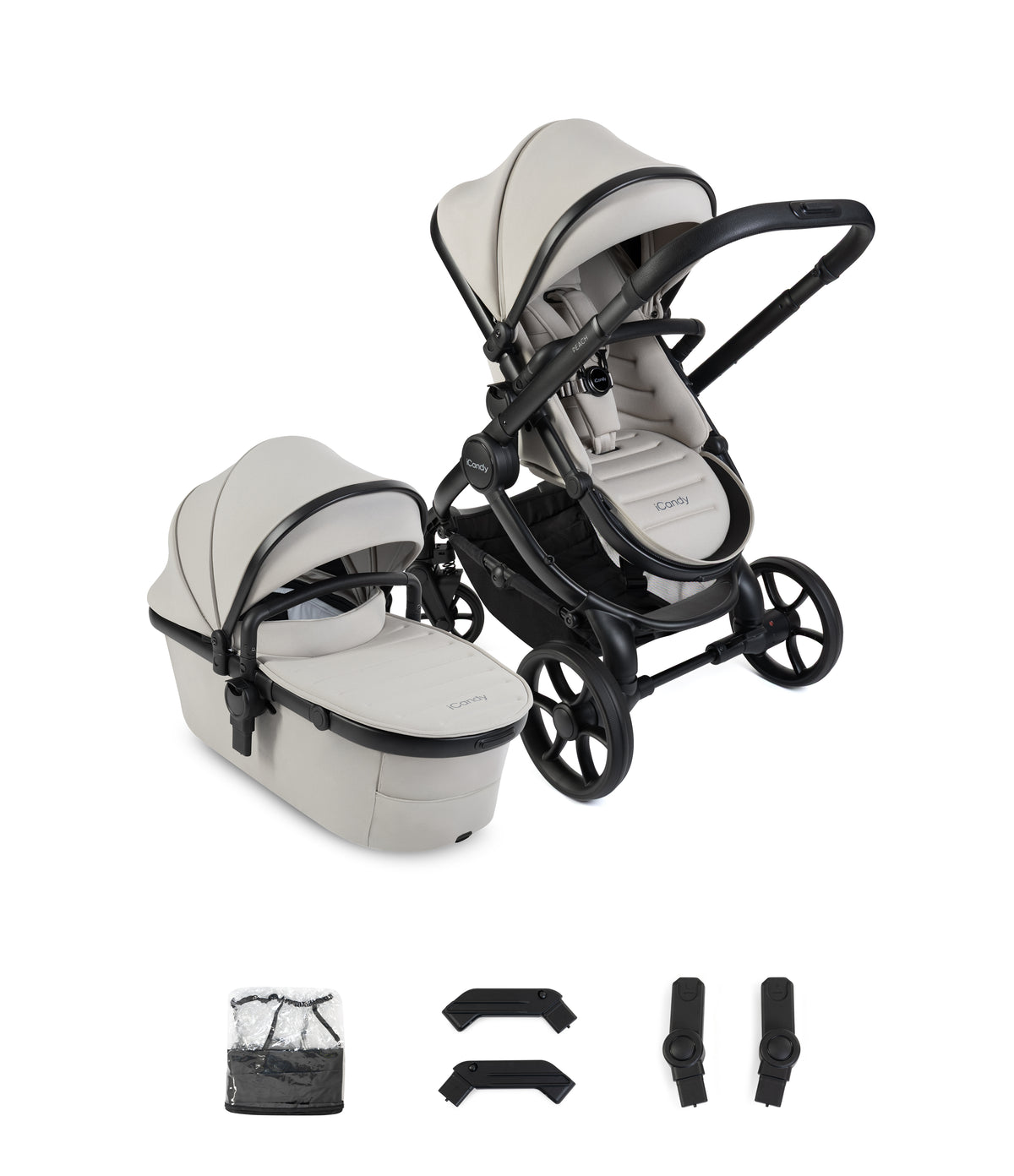 iCandy Peach 8 travel system in taupe beige grey colour with matching accessories, and Cybex cloud S car seat & isofix base.