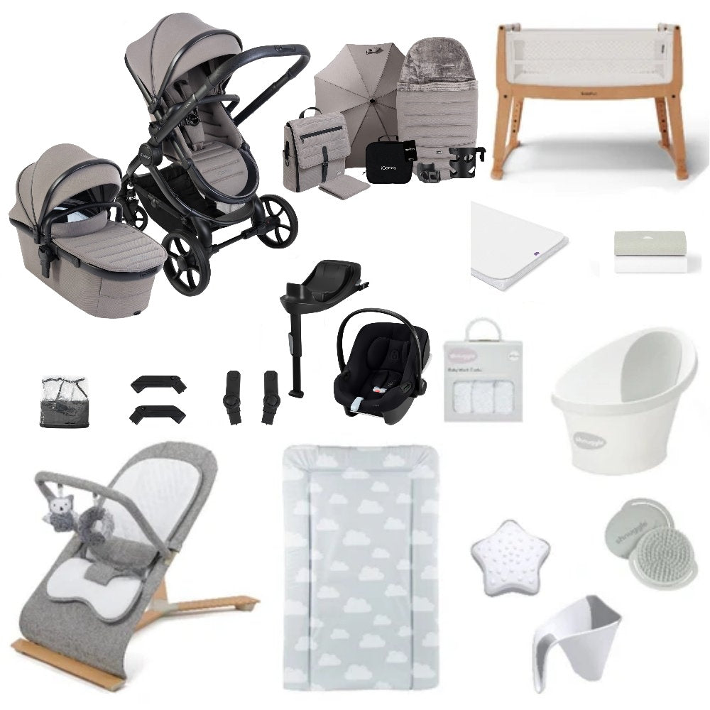 iCandy Peach 8 bundle in porcini colourway with all babies essentials including crib, car seat and bathing accessories.