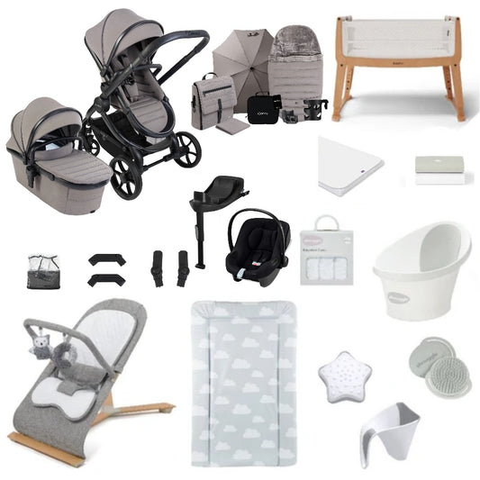 iCandy Peach 8 bundle in porcini colourway with all babies essentials including crib, car seat and bathing accessories.