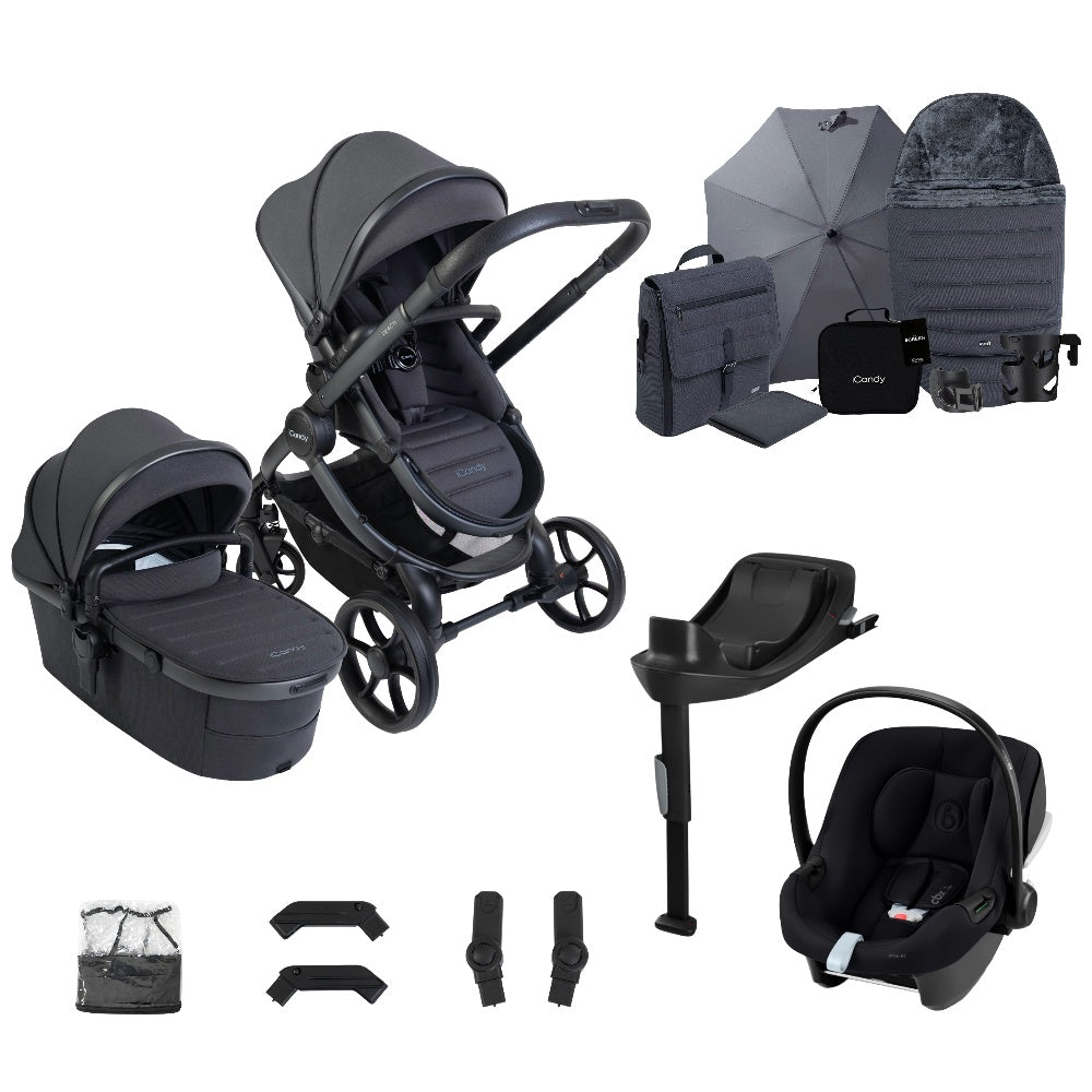 iCandy peach 8 bundle in Grey colourway complete with cybex aton B2 car seat and base.