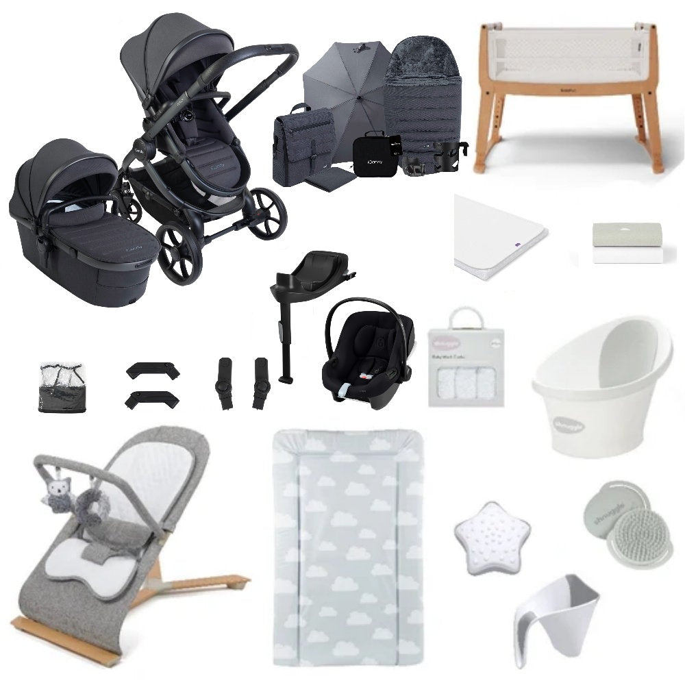 iCandy Peach 8 bundle in grey colourway with all babies essentials including crib, car seat and bathing accessories.