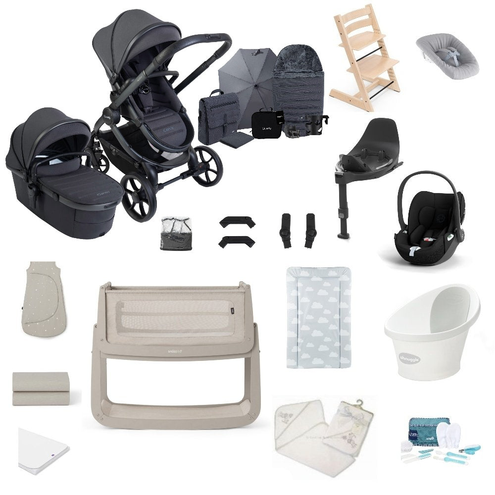 iCandy Peach 8 premium bundle in grey colourway with all babies essentials including crib, car seat and bathing accessories.