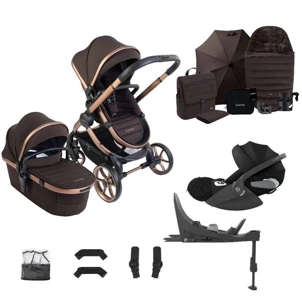 iCandy peach 8 bundle in pecan colourway complete with cybex cloud t car seat and base.