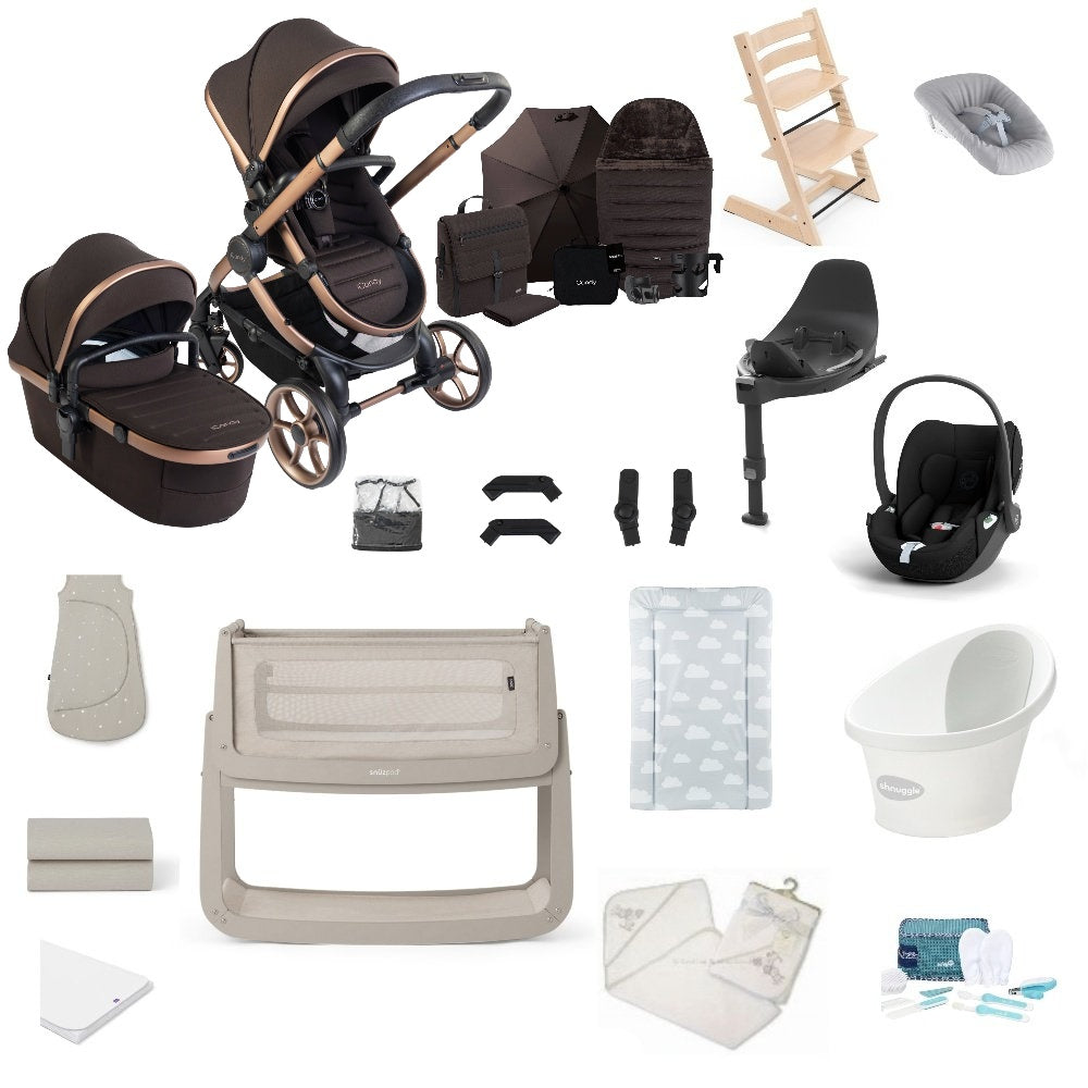 iCandy Peach 8 premium bundle in pecan colourway with all babies essentials including crib, car seat and bathing accessories.