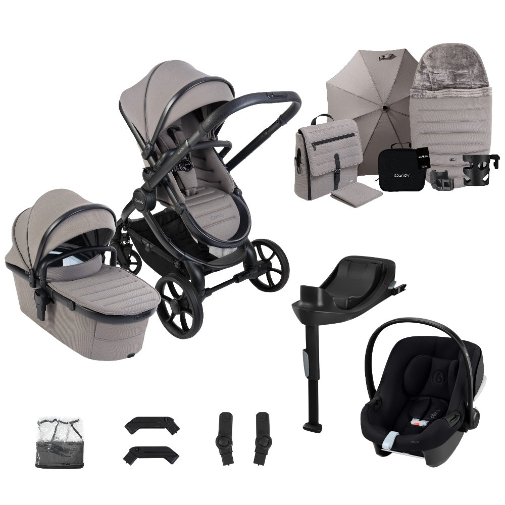 iCandy peach 8 bundle in Porcini colourway complete with cybex aton B2 car seat and base.