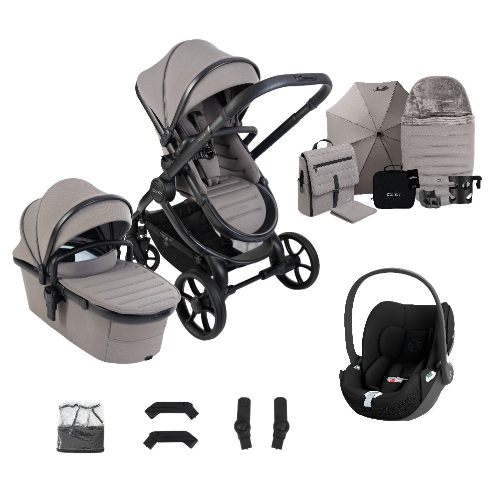 iCandy peach 8 bundle in porcini colourway complete with cybex cloud t car seat.
