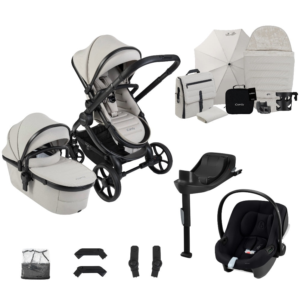 iCandy peach 8 bundle in Taupe colourway complete with cybex aton B2 car seat and base.