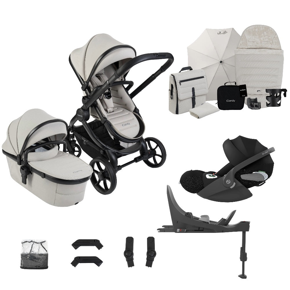 iCandy peach 8 bundle in taupe colourway complete with cybex cloud t car seat and base.