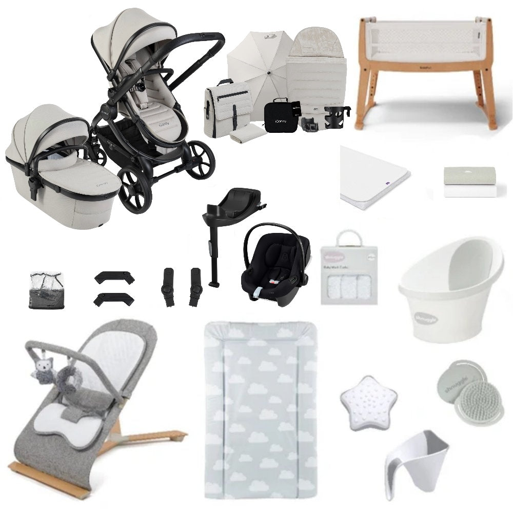 iCandy Peach 8 bundle in taupe colourway with all babies essentials including crib, car seat and bathing accessories.