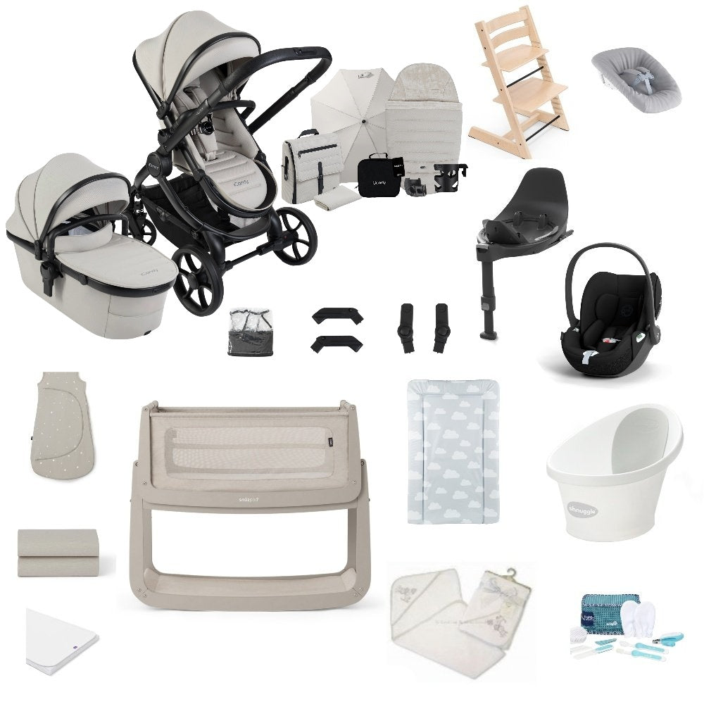 iCandy Peach 8 premium bundle in taupe colourway with all babies essentials including crib, car seat and bathing accessories.