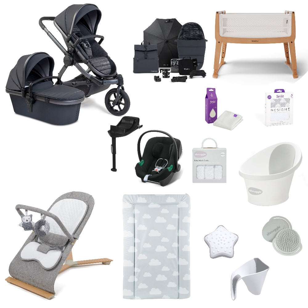 iCandy Peach All Terrain Pushchair & carrycot in Storm Grey with accessories, complete with all babies essential including car seat, crib, bath and bath time accessories.