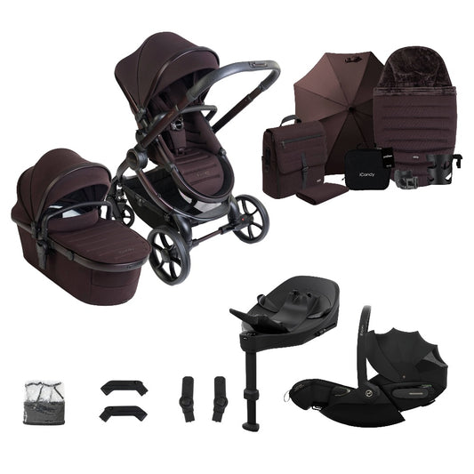 iCandy Peach 8 in Coffee Bean Brown Colour, complete with pushchair accessories and Cybex Cloud S Car Seat and isofix base.