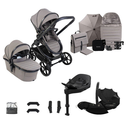 iCandy Peach 8 travel system in Porcini grey colour with matching accessories, and Cybex cloud S car seat & isofix base.