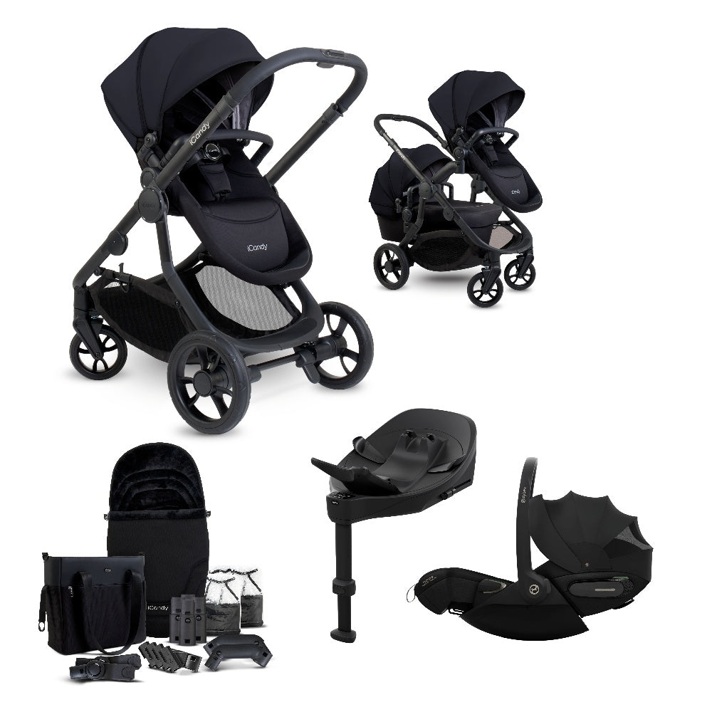 iCandy 4 travel system in black colour, with matching accessories and cybex cloud s car seat and isofix base.