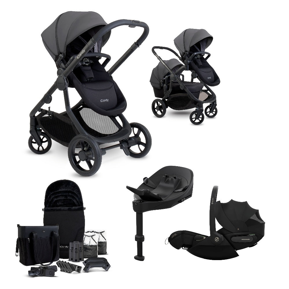 iCandy 4 travel system in fossil grey colour, with matching accessories and cybex cloud s car seat and isofix base.