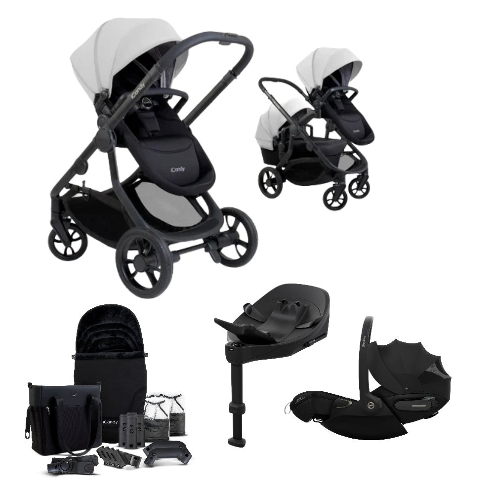 iCandy 4 travel system in glacier grey colour, with matching accessories and cybex cloud s car seat and isofix base.
