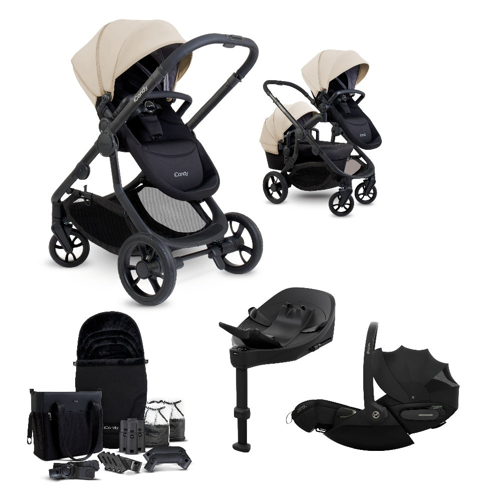 iCandy 4 travel system in latte beige colour, with matching accessories and cybex cloud s car seat and isofix base.
