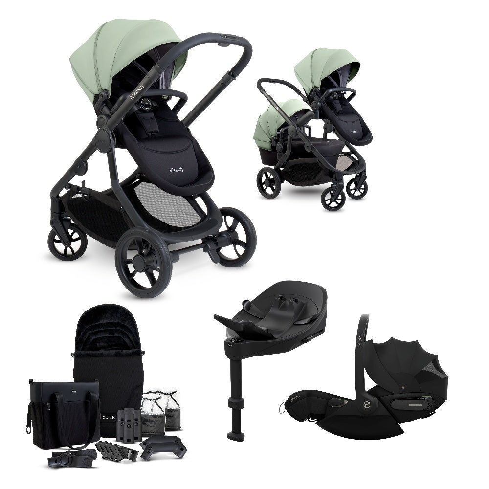 iCandy 4 travel system in pistachio green colour, with matching accessories and cybex cloud s car seat and isofix base.
