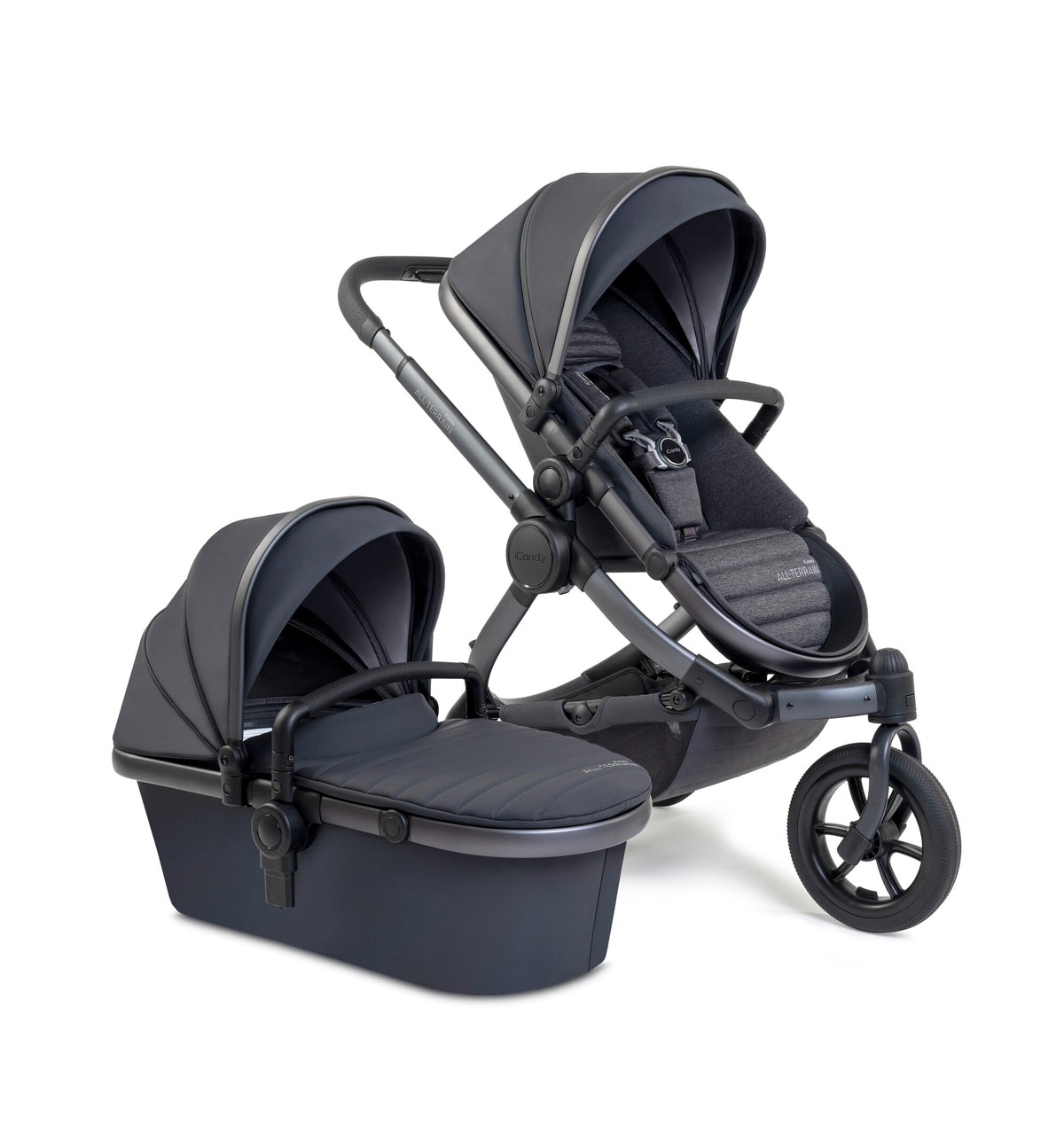 iCandy Peach all terrain travel system in storm grey and matching accessories, complete with cybex cloud s car seat.